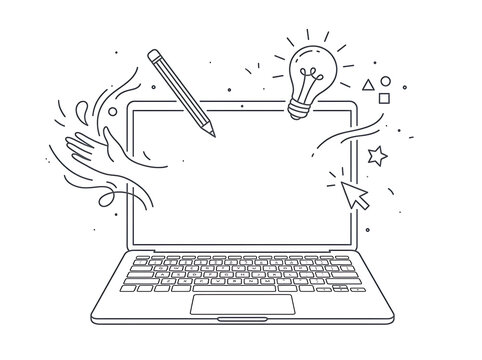 Creative Idea Laptop Concept with Pencil and Lightbulb Line Art Illustration
