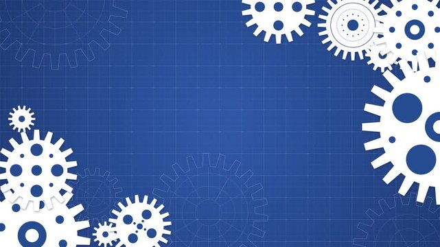 Abstract Motion Graphics of Rotating White Mechanical Gears on Deep Blue Background with Geometric Patterns