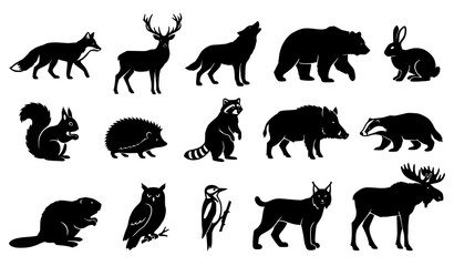 Fototapeta premium Woodland Wildlife Animals Black Silhouette Vector Collection