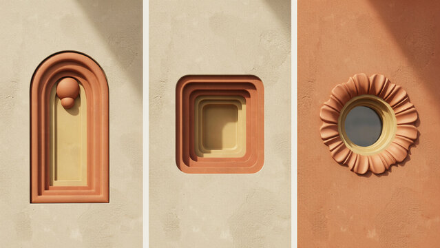 Three architectural wall niches featuring arched, square, and circular openings with layered frames in warm terracotta and beige plaster textures