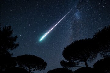 Fototapeta premium Bright meteor streaks across dark starry night sky. Shooting star moves fast through cosmos above forest trees. Celestial event happens in remote nature location. Beautiful light trail glows in deep