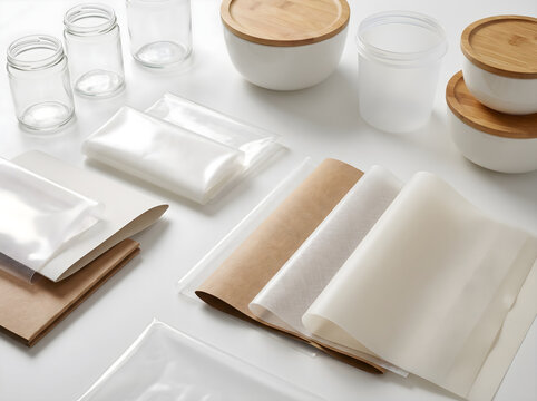 A collection of eco-friendly food storage containers, glass jars, parchment paper, and plastic bags on table