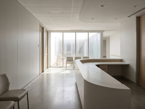 Modern medical center reception desk with ada signage in a clean bright healthcare interior facility hallway