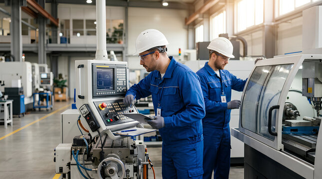 industrial engineers operating CNC machines in a modern manufacturing facility showcasing technology integration for precision