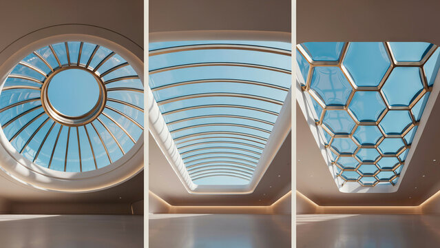 Three circular and rectangular skylights with different frame patterns including radial spokes, parallel bars, and hexagonal glass grid structures