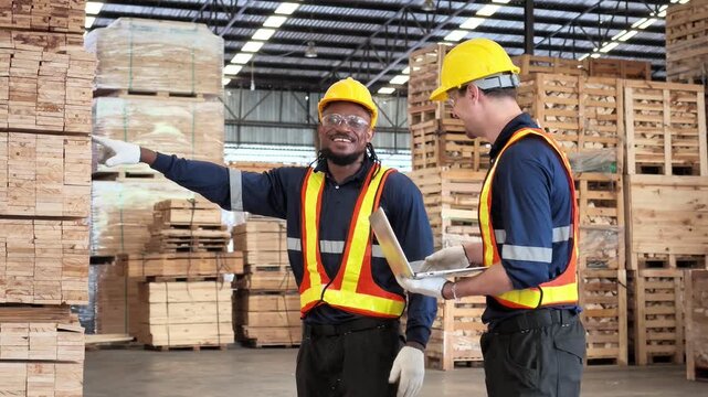 Two industrial workers in safety gear inspect stacked wooden pallets and lumber inside a busy timber warehouse, using a laptop for production and inventory management.