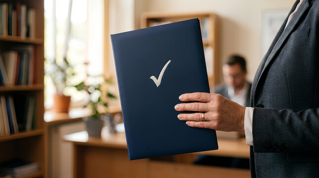 Professional man holding a speech or presentation folder with a check mark symbol in a modern office setting emphasizing