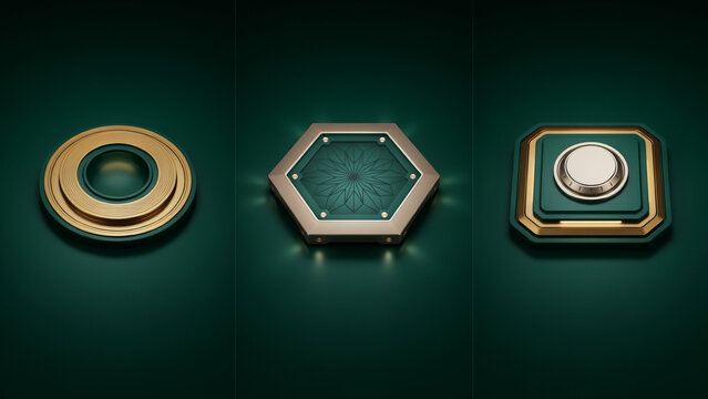 Three circular, hexagonal, and square metallic buttons with gold and dark green accents, featuring glowing light effects on a dark green background