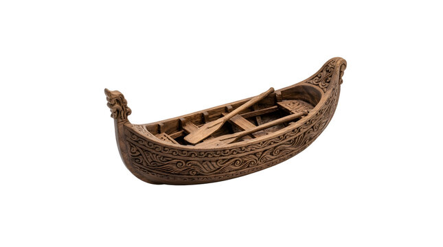Intricately carved wooden Viking longship model with oars, showcasing detailed scrollwork and a dragon head prow white background
