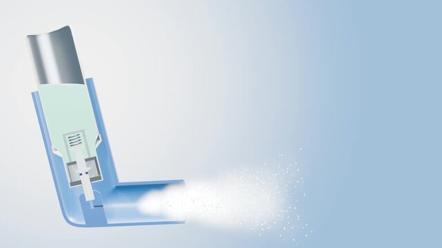 Asthma inhaler cutaway releasing a metered dose from the canister valve as a fine spray plume, loop