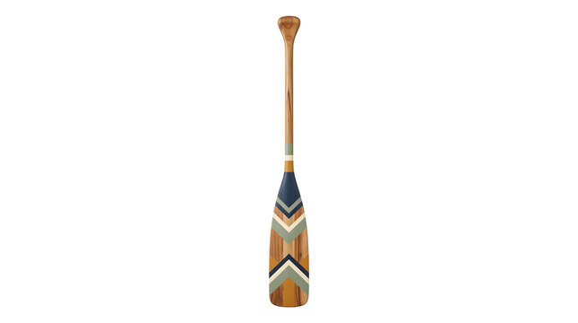 Decorative wooden canoe paddle with geometric chevron pattern in blue green and gold colors isolated on white background white background