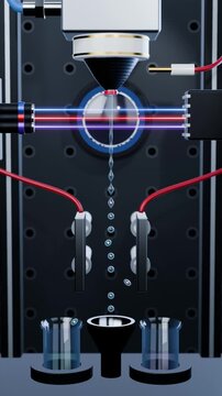 Flow cytometry cell sorter steering charged droplets into tubes after lasers read each cell, vertical video loop