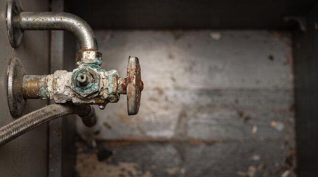 Corroded plumbing valve and rusty pipe fitting. Damaged metal water tap with mineral buildup