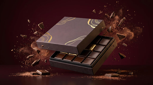 Dark brown chocolate box with gold swirl open to reveal assortment of square chocolates, cocoa powder and chocolate chunks exploding around, rich indulgence
