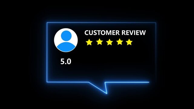 Glowing Neon Customer Review Interface with Five Star Rating and User Feedback Concept on Black Background.
