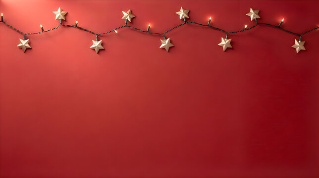 Festive string lights with star decorations on red wall  christmas and happy new year background 