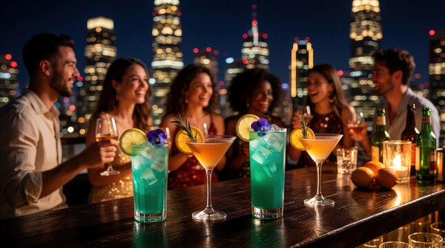 Group of friends enjoy colorful cocktails at luxury rooftop bar at night. People drink, socialize with blurred city skyline background. Happy young people celebrate evening party in modern urban