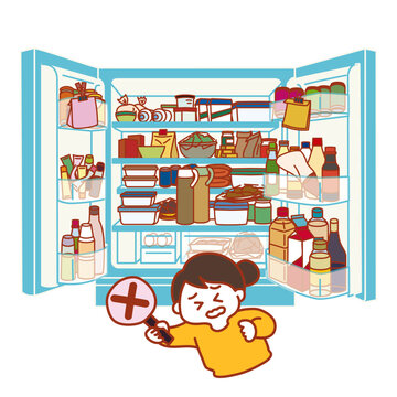 Woman overwhelmed by an overstocked refrigerator full of food and groceries