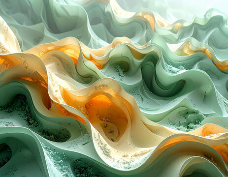 自然の地形や地層を思わせるグリーンとベージュの流体レイヤーデザイン/Abstract topographic waves with glitter details in sage green and cream colors