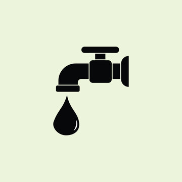 Minimalist graphic illustration of a black water tap faucet with a falling water drop. Ideal design element for plumbing, water conservation, and app UI design.