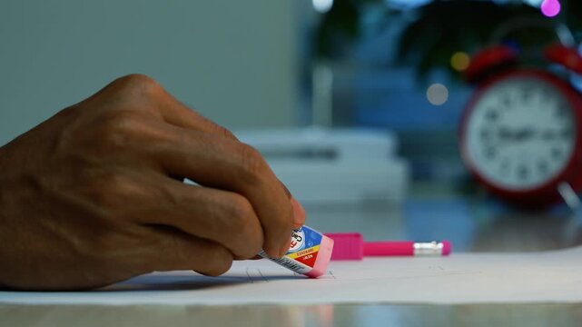 Hand erasing pencil marks on paper beside clock, Close-up of a hand using a pink eraser on paper beside a pencil, with a blurred red alarm clock in the background.
