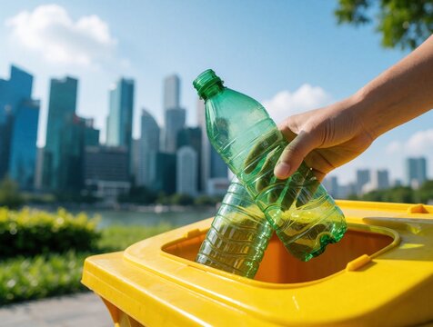 Person hand puts green plastic bottle into yellow recycling bin outdoors. Close up of eco friendly waste management in city. Someone sorting rubbish for reuse to protect nature, reduce pollution in