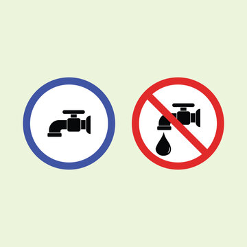 Minimalist graphic illustration of a water faucet icon set with a blue allowed sign and a red prohibition sign for leaking or wasting water drops. Ideal for app UI.