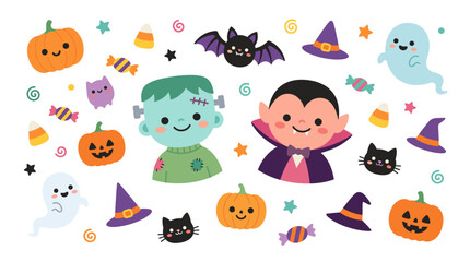 Fototapeta premium Cute kawaii halloween collection featuring flat vector illustrations of a green monster, a vampire boy, smiling ghosts, orange pumpkins, purple witch hats, and spooky candies.