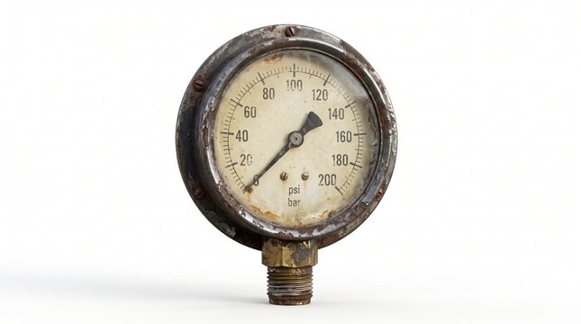 Old rusted industrial pressure gauge measuring psi bar with worn dial