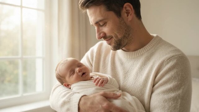 Loving Father Gently Holding Newborn Baby at Home