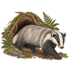 Badger Emerging From a Woodland Den With Ferns and Moss © Sukel
