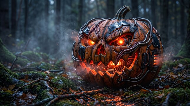 Cyberpunk Halloween pumpkin with glowing red eyes and robotic parts in a dark spooky forest.