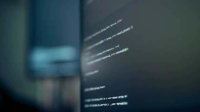 Software code on a computer screen presents programming and development through lines of technical text, with shallow focus and a dim background giving the code display a close perspective in view.