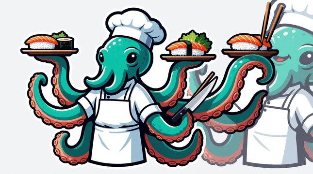 Cute octopus chef mascot wearing white hat, apron. Cartoon character prepares tasty sushi, seafood dishes with many arms. Fun illustration for japanese restaurant branding, food delivery app, menu