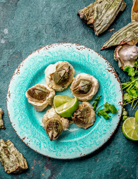 SEAFOOD PICOROCO. Prepared picoroco, Austromegabalanus psittacus, the giant barnacle or picoroco. Chilean and peruvian cost seafood.