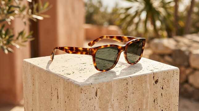 Tortoiseshell pattern sunglasses with dark green lenses resting on a rough, light-colored stone cube in a sunlit outdoor setting with blurred foliage