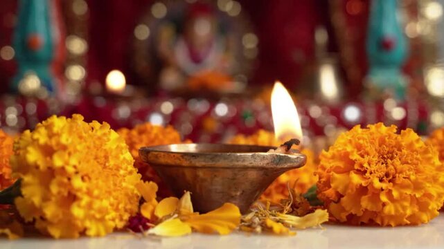 Traditional Diya Oil Lamp with Marigold Flowers for Diwali Festival and Hindu Worship