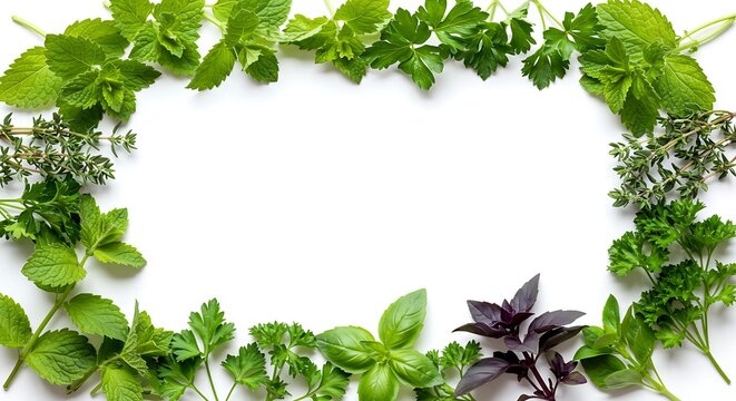 Fresh Herbs Frame: Mint, Parsley, Basil, Thyme, on White Background.