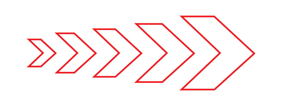 Row of six decreasing red chevron arrows pointing towards the right with direction navigation indicator graphics geometric minimalist directionality movement sequence progression abstract