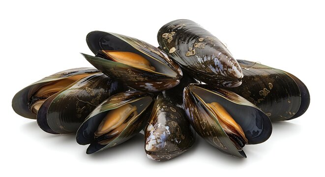 Freshly Harvested Mussels Displaying Open Shells and Orange Meats on White Background