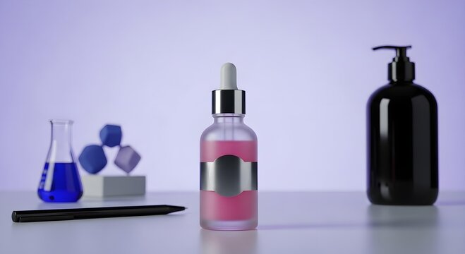 Cosmetic dropper bottle mockup featuring pink serum inside laboratory setting with scientific glassware and dispenser pump