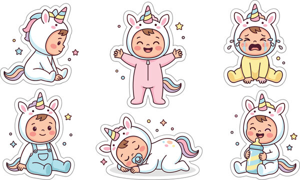 Travel and summer vacatCute baby in unicorn onesie costume sticker set with different emotions sleeping and crying vectorion sticker element set with car airplane suitcase map globe and camera vector