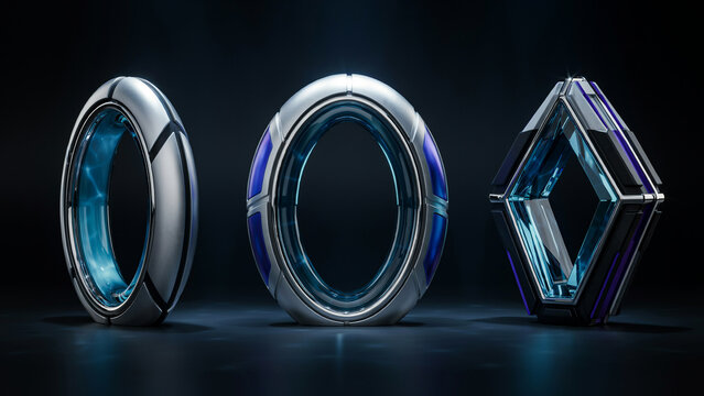 Three futuristic ring and diamond shaped structures with glowing blue light interiors and metallic frames set against a dark background