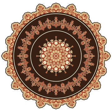 Round rug featuring tribal patterns and a mandala floral design.