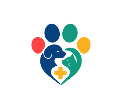 Colorful paw print and pet care veterinary logo design