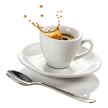 A cup of hot coffee with a splash in a white ceramic mug with a saucer and a silver spoon isolated on transparent background