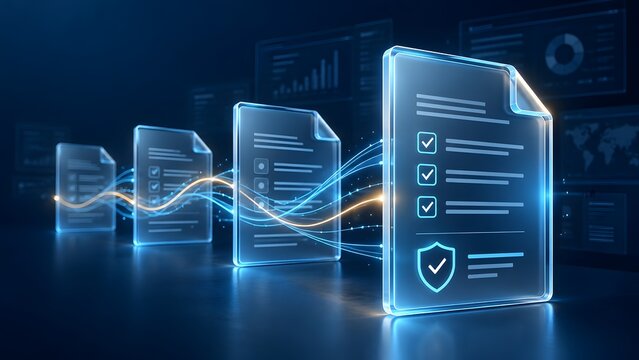 Secure Encrypted Document Transfer Flow with Shield Icon in Digital Compliance Interface