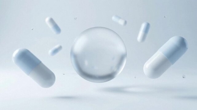 Floating medical capsule pills with clear glass sphere on minimal light background 3D rendering