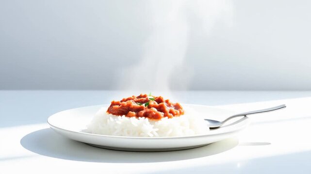 Minimalist Turkish Kuru Fasulye with Rice on a Flat White Plate