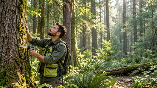 Scientist studying tree bark in a lush green forest